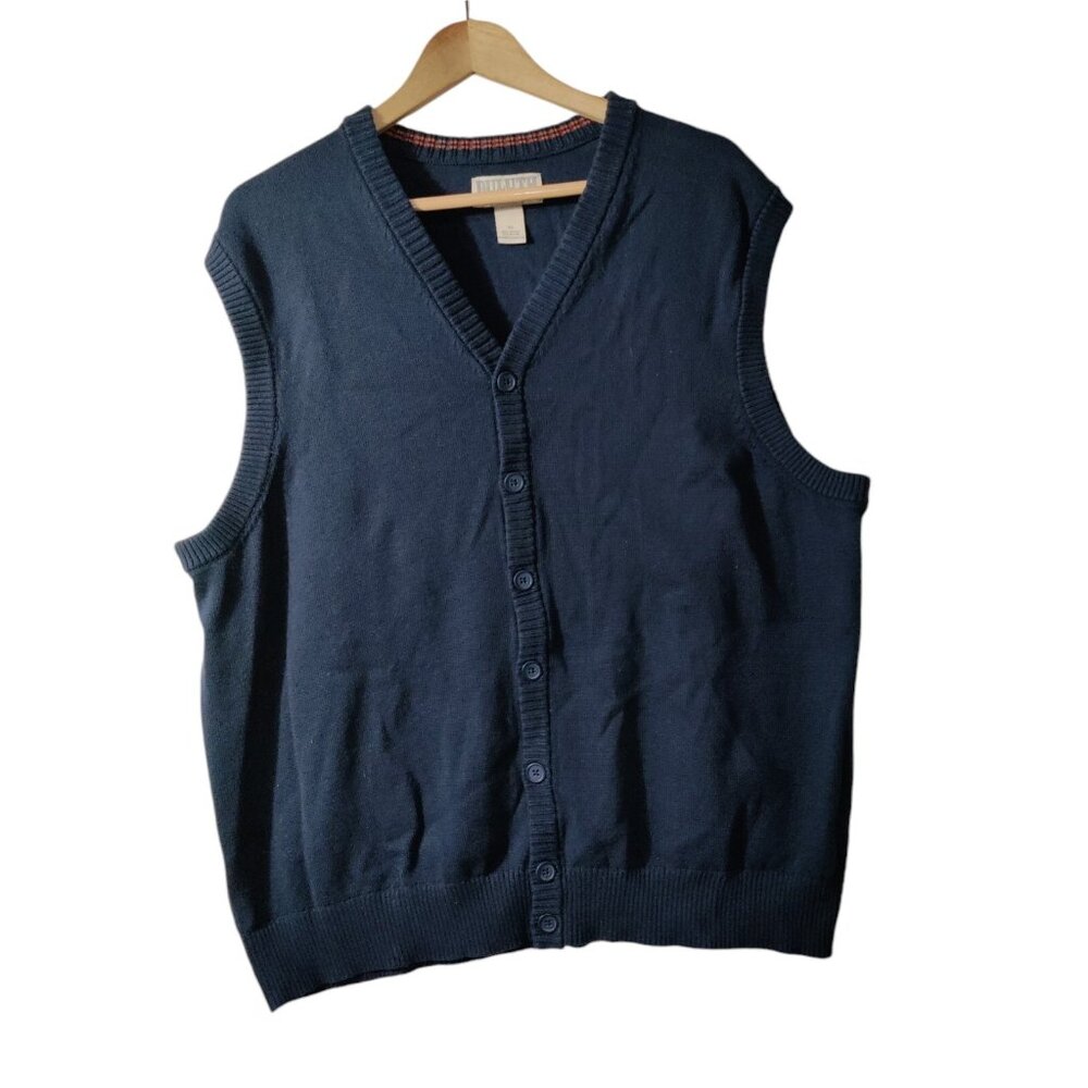 Duluth Trading Co Blue Knit Button Front Sweater Vest Mens Size XL Cotton Blend
